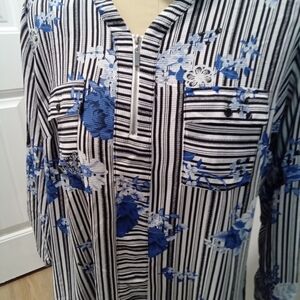 Notations Plus Size 3X. Black & White Striped With Blue Flowers
